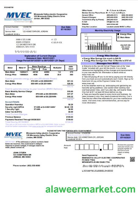 USA Minnesota Valley Electric Cooperative (MVEC) utility bill template in Word and PDF format